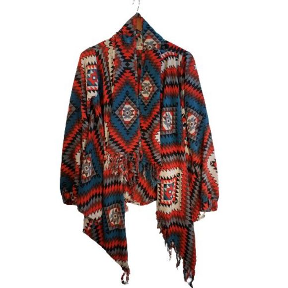 Billabong Cardigan Shawl Womens Medium Aztec Print Multicolored Fringed Boho - Picture 1 of 9